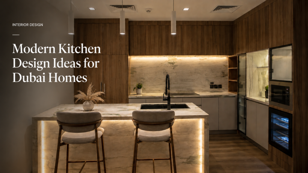 Modern kitchen design ideas for Dubai homes featuring a luxury island kitchen with marble countertops, warm wood cabinetry, and ambient lighting.