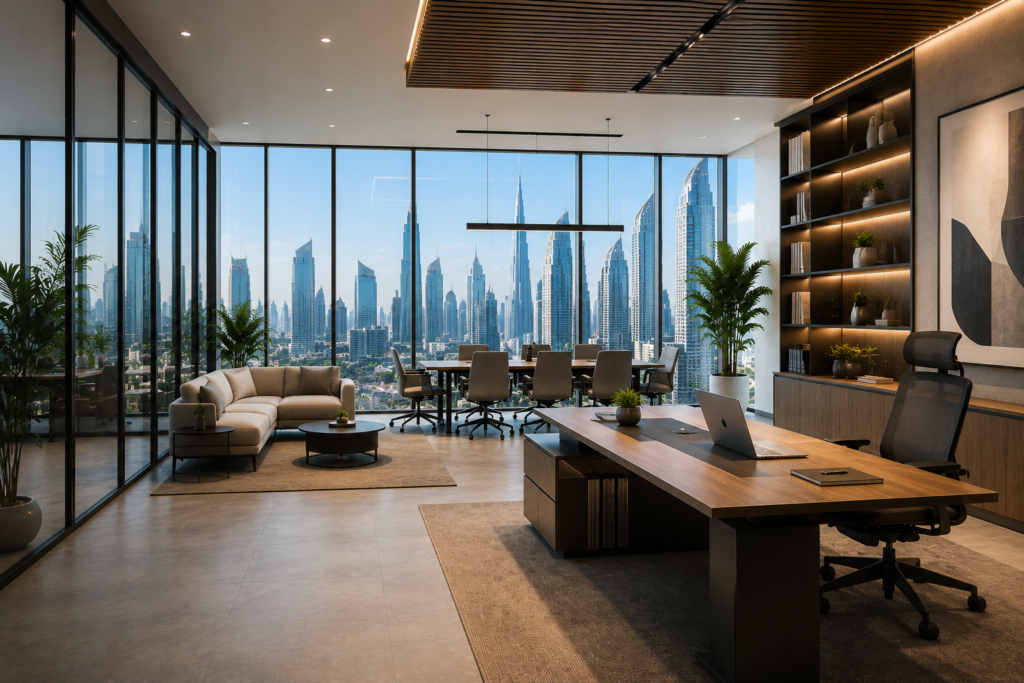 Modern office interior design Dubai with contemporary workspace and city skyline view