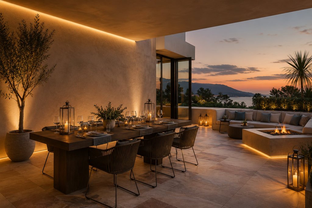 Layered lighting design in a luxury Dubai Airbnb apartment featuring ambient and accent lighting