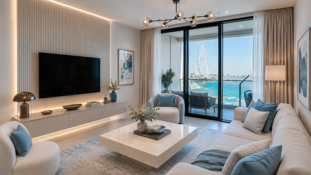 Luxury Dubai Airbnb interior design showcasing a premium living space with city skyline views