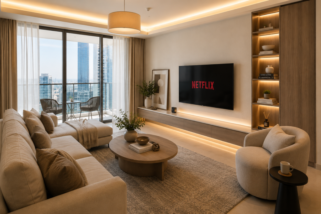 Open-plan luxury apartment interior with living room, dining area and kitchen designed for Airbnb guests in Dubai