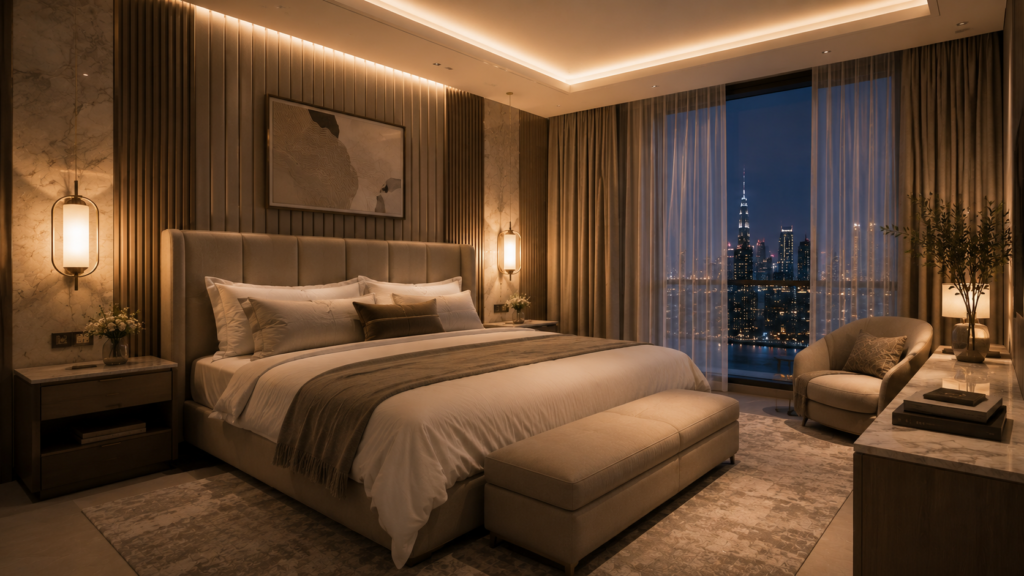 Boutique hotel-style bedroom with premium furnishings and luxury interior design in Dubai