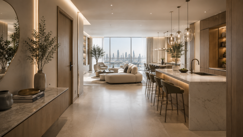 Luxury Airbnb apartment interior overlooking the Dubai skyline with floor-to-ceiling windows