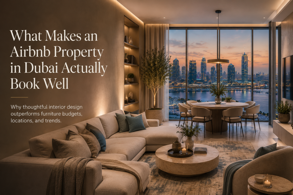Dubai Airbnb interior design featuring luxury living spaces, architectural lighting and skyline views