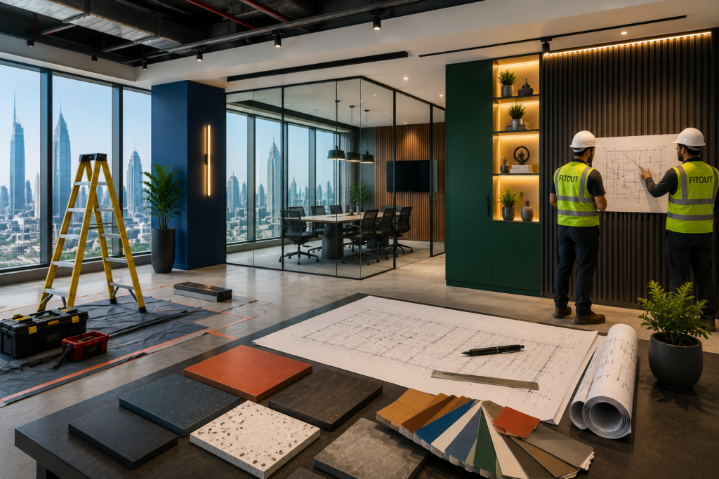 Turnkey office fitout project in Dubai with modern commercial interior under construction