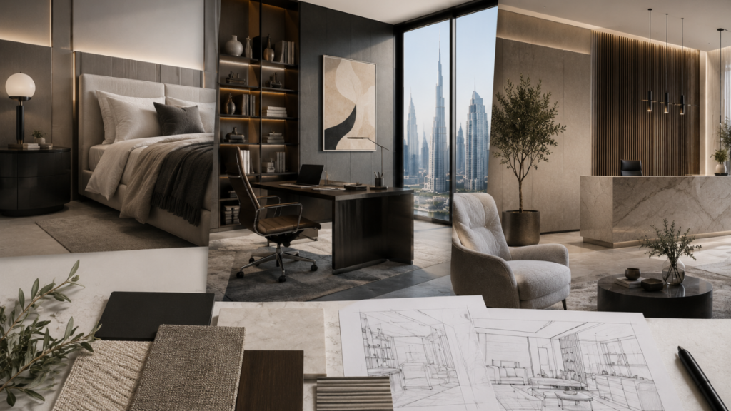 Luxury interior design for a modern Dubai home with premium materials and bespoke finishes by Five Atelier.