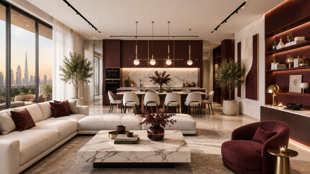 Modern home interior design in Dubai with burgundy and white living room, kitchen and dining area