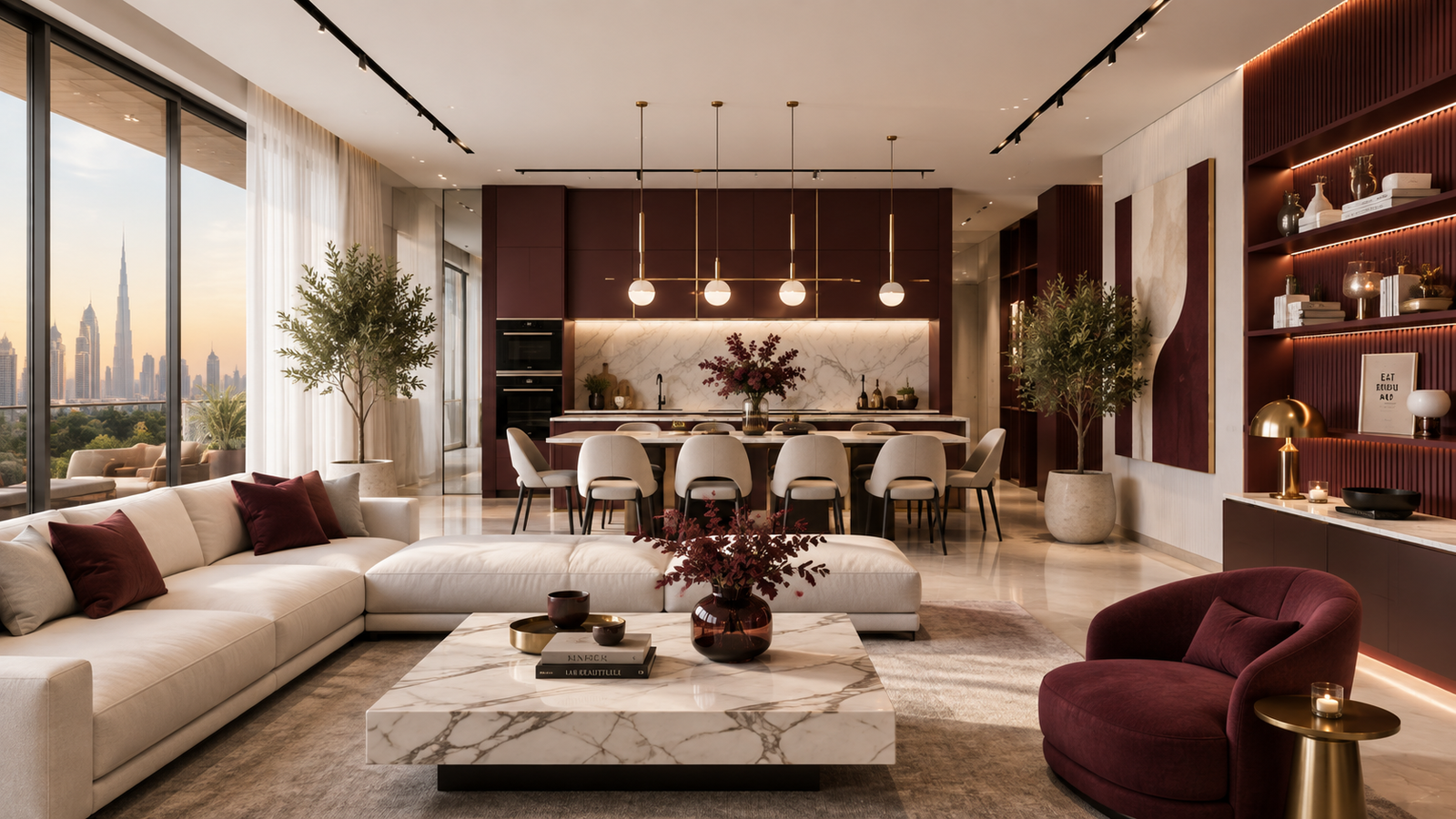 Modern home interior design in Dubai with burgundy and white living room, kitchen and dining area