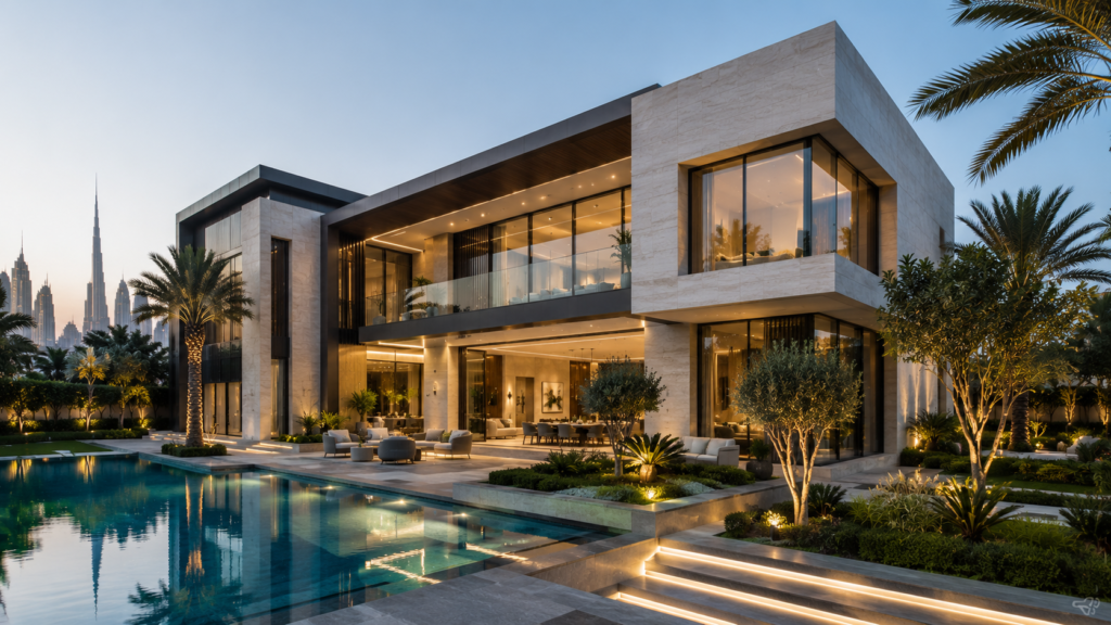 Modern luxury villa exterior in Dubai with a private pool, landscaped garden, floor-to-ceiling windows and contemporary architecture
