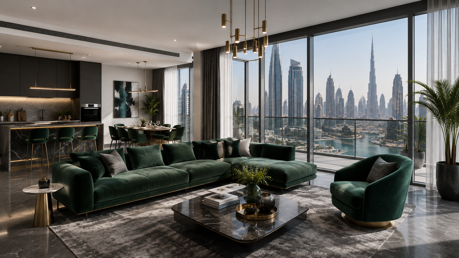 Luxury apartment interior design in Dubai with emerald green furnishings, charcoal finishes, brass details and city skyline views