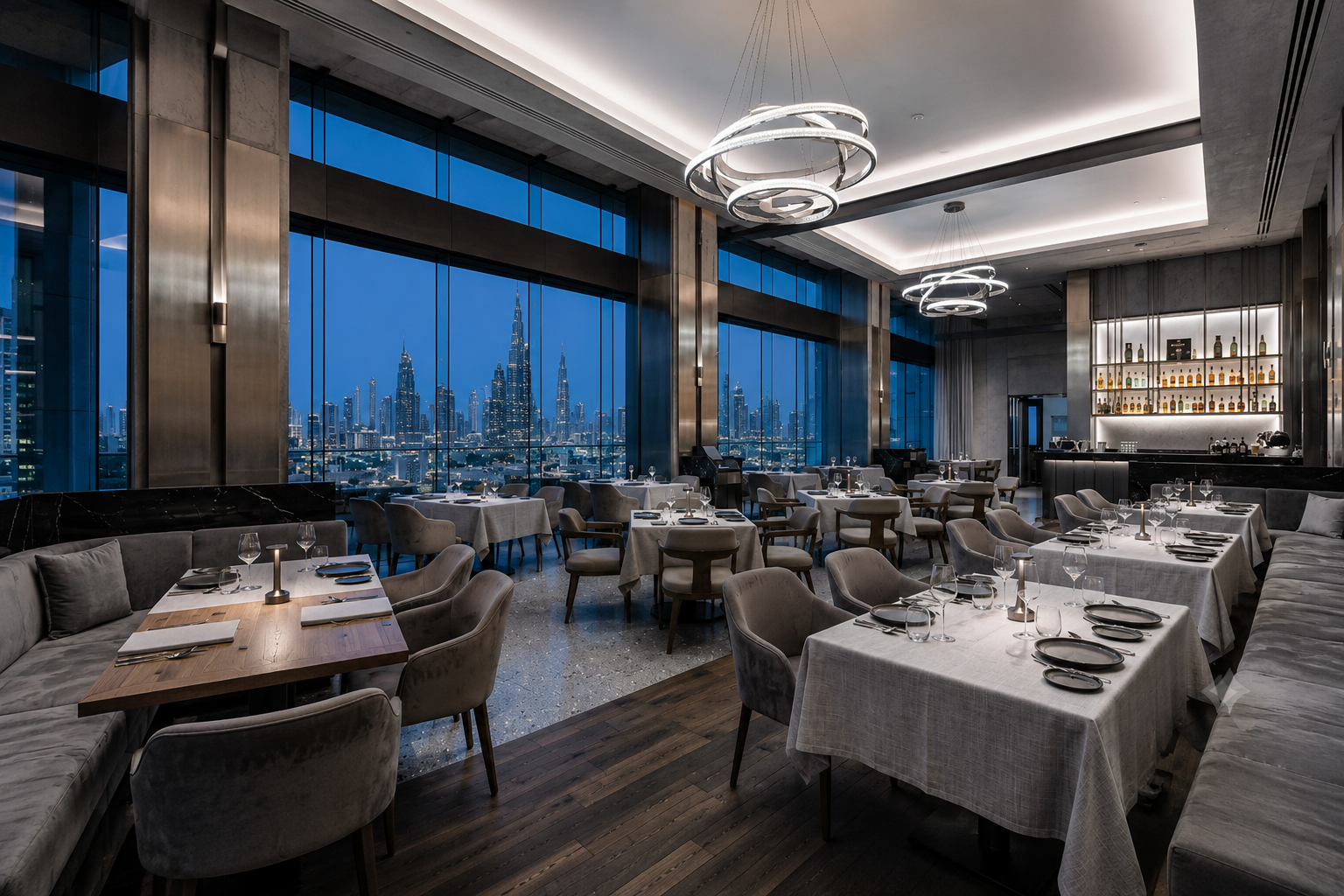 Modern luxury restaurant interior design in Dubai featuring high ceilings, contemporary lighting, and cityscape views.