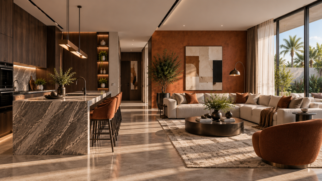 Luxury residential interior design in Dubai with a modern kitchen, dining area and elegant living room
