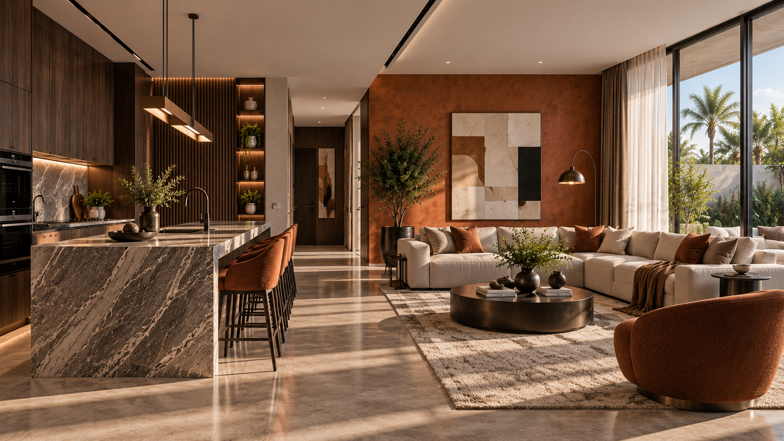 Luxury residential interior design in Dubai with a modern kitchen, dining area and elegant living room