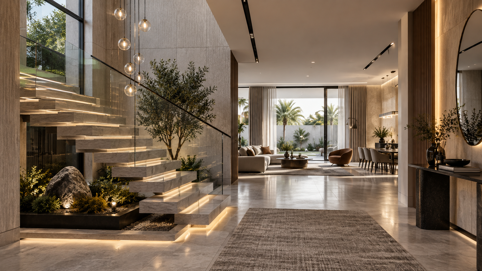 Luxury residential interior design in Dubai with modern white and grey interiors and panoramic city views