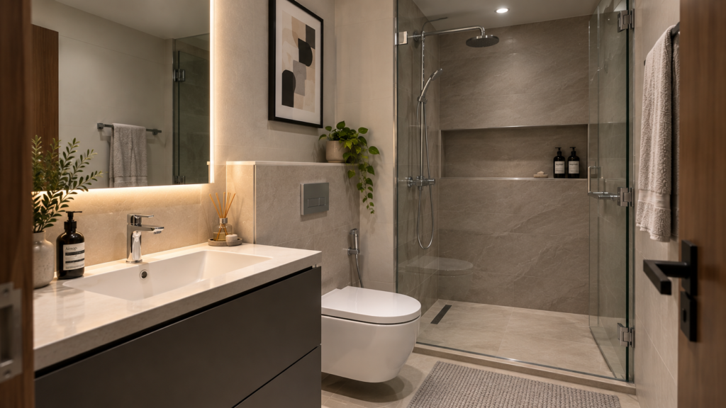 Modern apartment bathroom renovation in Dubai with glass shower, floating vanity and contemporary fixtures