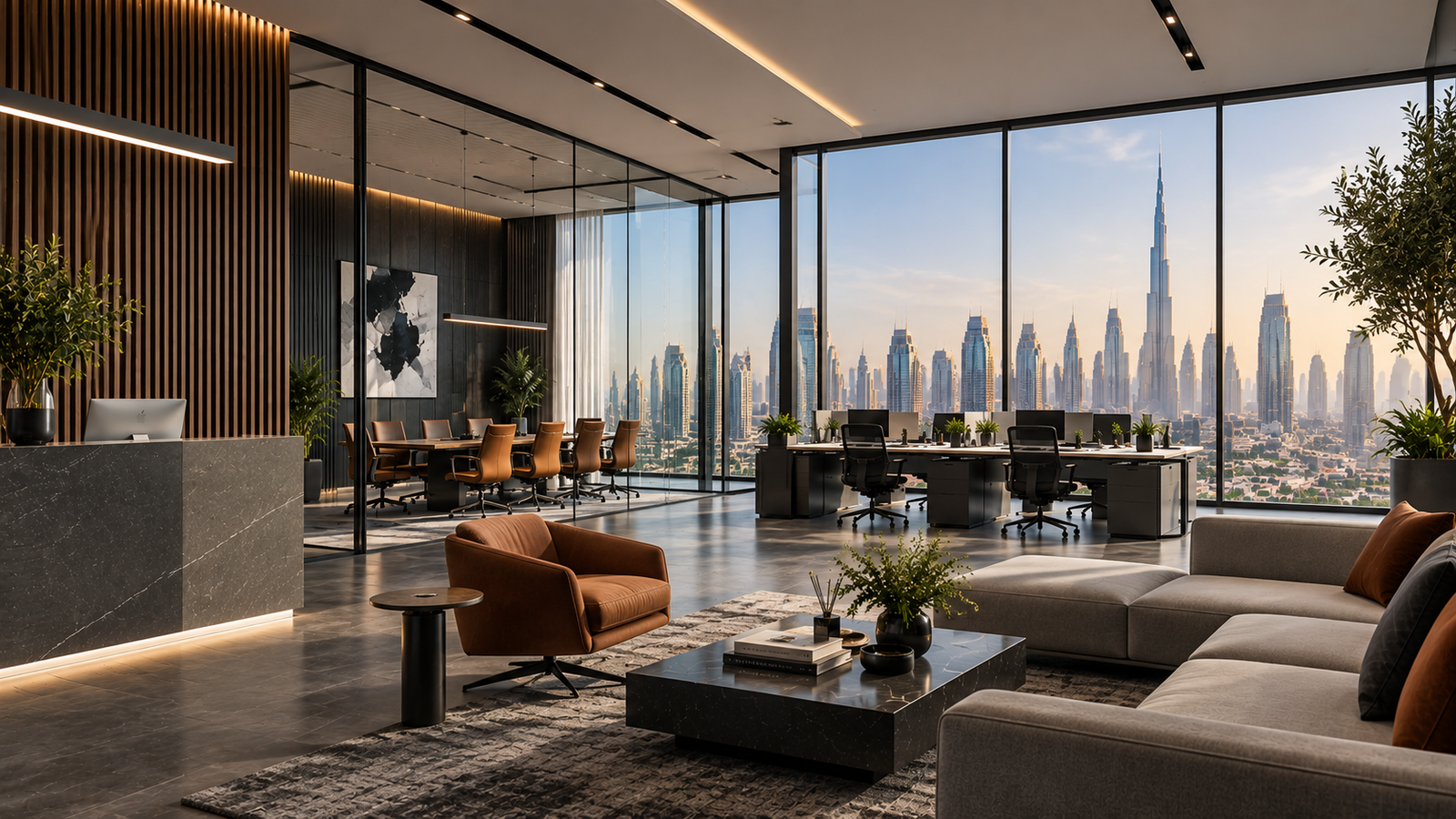 Luxury office interior design in Dubai with modern workspaces, glass meeting rooms and Dubai skyline views